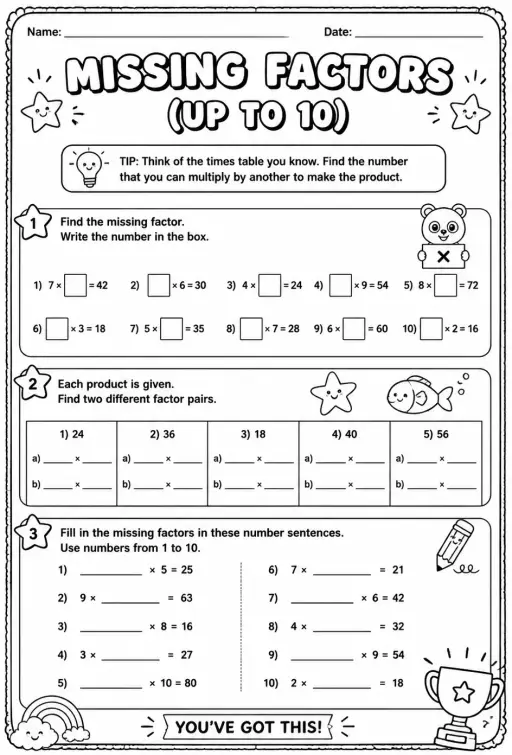Multiplication facts up to 10: select the missing factors