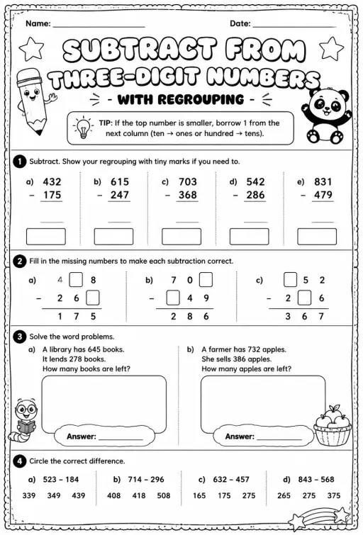 Subtract from three-digit numbers - with regrouping