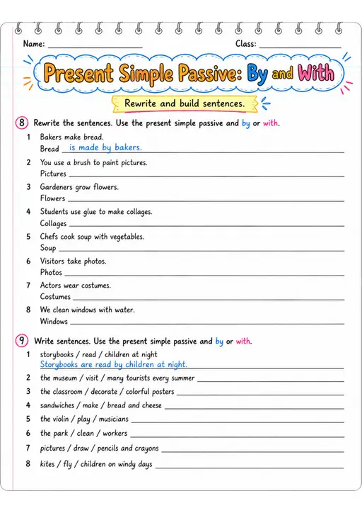 Present Simple Passive: By And With | Grade 5 Grammar Worksheet
