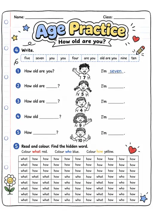 Age Questions and Question Words | Grade 1 Grammar Worksheet