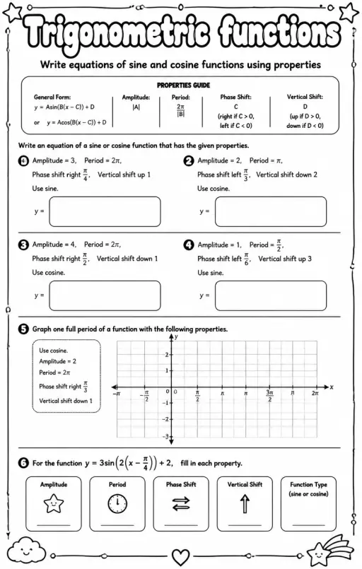 Write equations of sine and cosine functions using properties