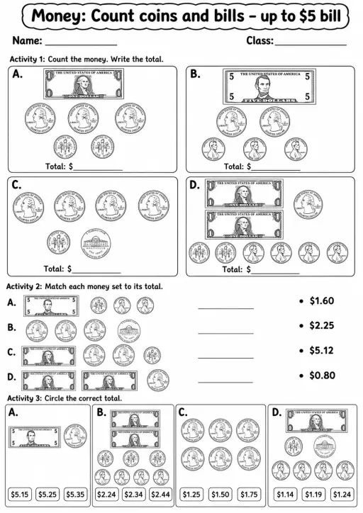 Grade 3 Money Math Worksheet Pack