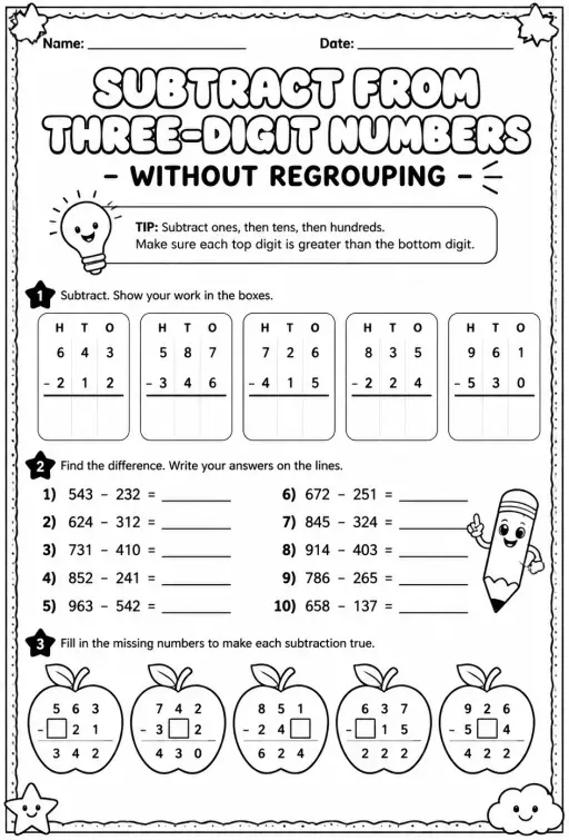 Subtract from three-digit numbers - without regrouping