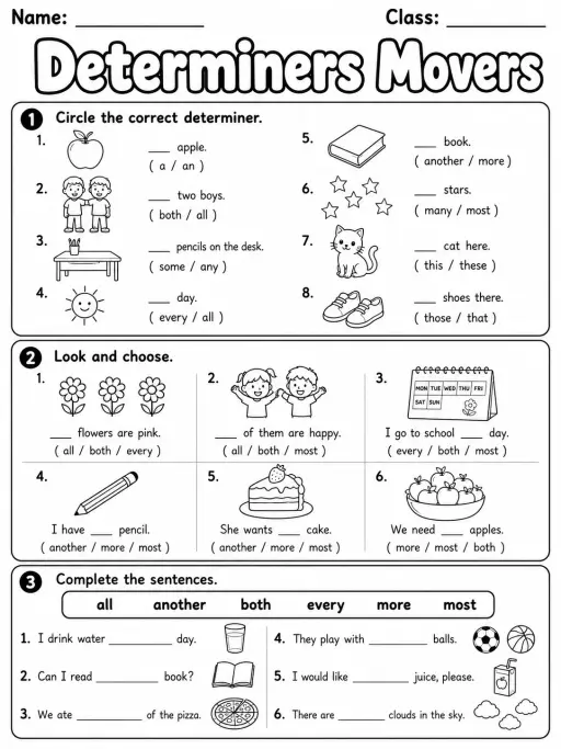 Determiners Movers Vocabulary Worksheet Pack