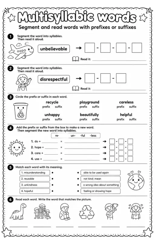 Segment and read words with prefixes or suffixes