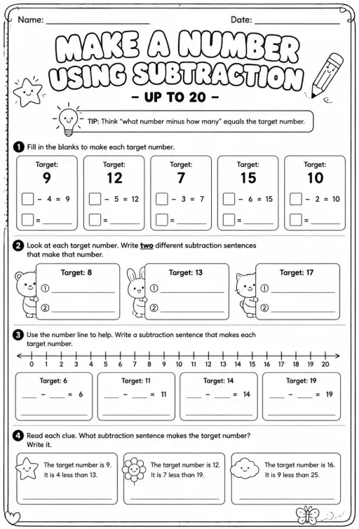 Make a number using subtraction - up to 20