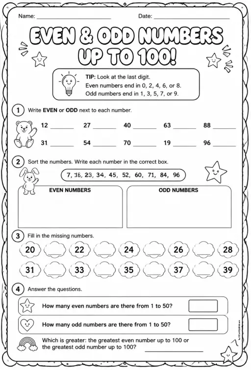 Identify even and odd numbers - up to 100