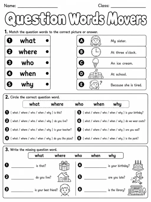Question Words Movers Vocabulary Worksheet Pack
