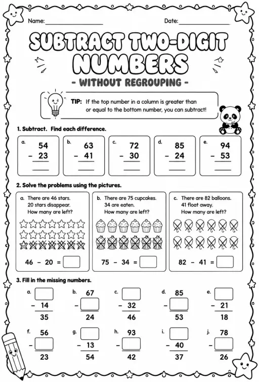 Subtract two-digit numbers - without regrouping