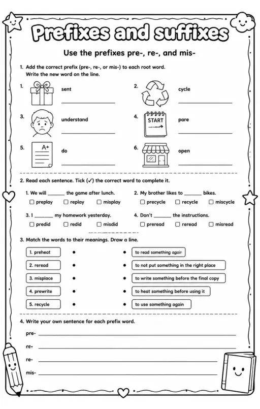 Use the prefixes pre-, re-, and mis-