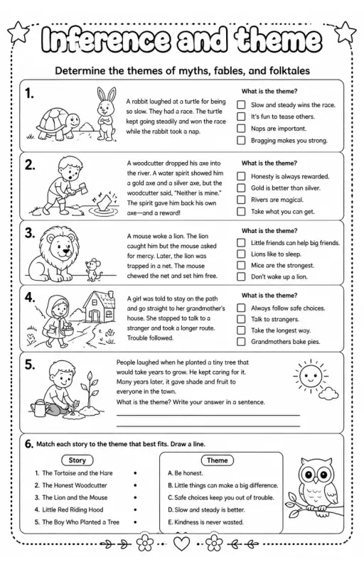 Determine the themes of myths, fables, and folktales