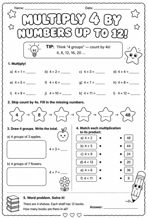 Multiply 4 by numbers up to 12