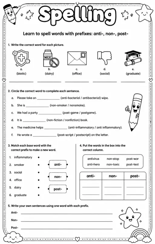 Learn to spell words with prefixes: anti-, non-, post-