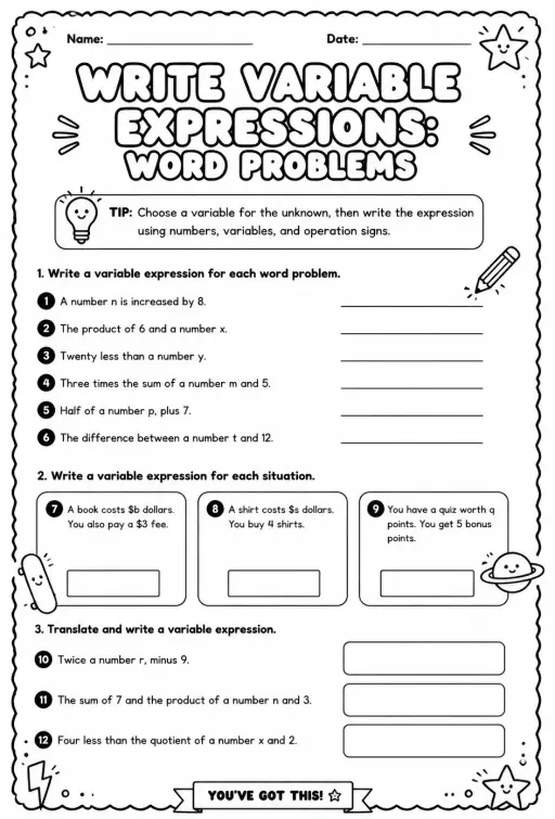 Write variable expressions: word problems
