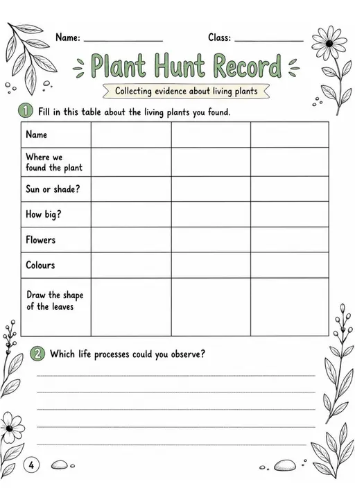 Plant Hunt Record - Grade 3 Science Worksheet