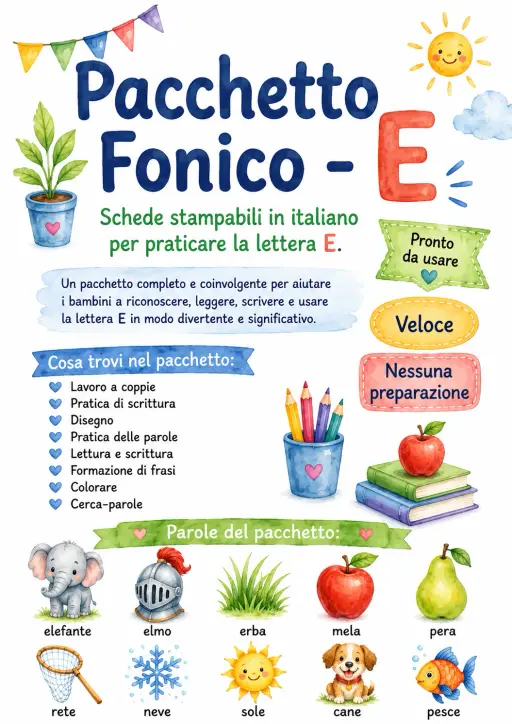Italian Letter E Phonics Worksheets Pack