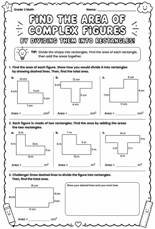 Find the area of complex figures by dividing them into rectangles