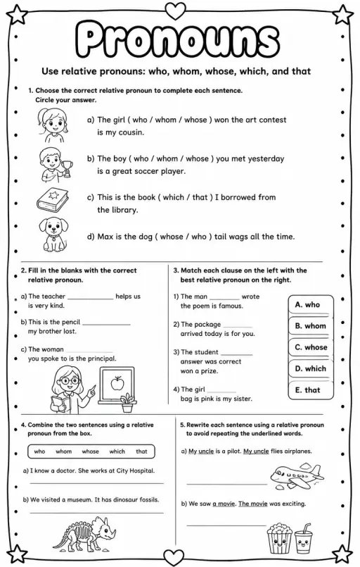 Use relative pronouns: who, whom, whose, which, and that