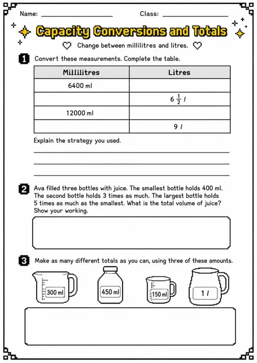 Capacity Conversions and Totals - Grade 3 Math Worksheet
