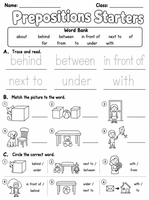 Prepositions Starters Vocabulary Worksheet Pack