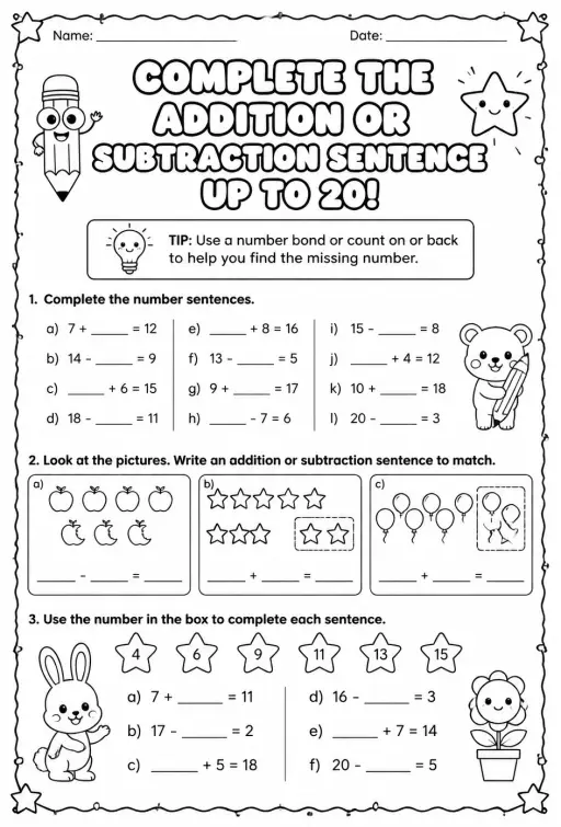Complete the addition or subtraction sentence - up to 20