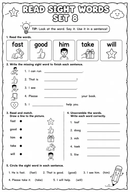 Read sight words set 8: fast, good, him, take, will