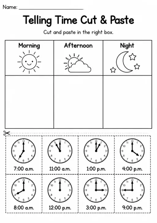 Telling Time Cut & Paste — Kindergarten