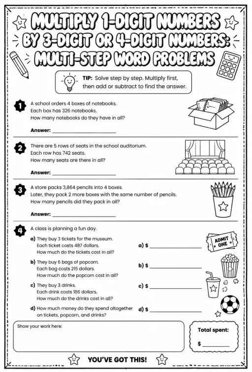Multiply 1-digit numbers by 3-digit or 4-digit numbers: multi-step word problems
