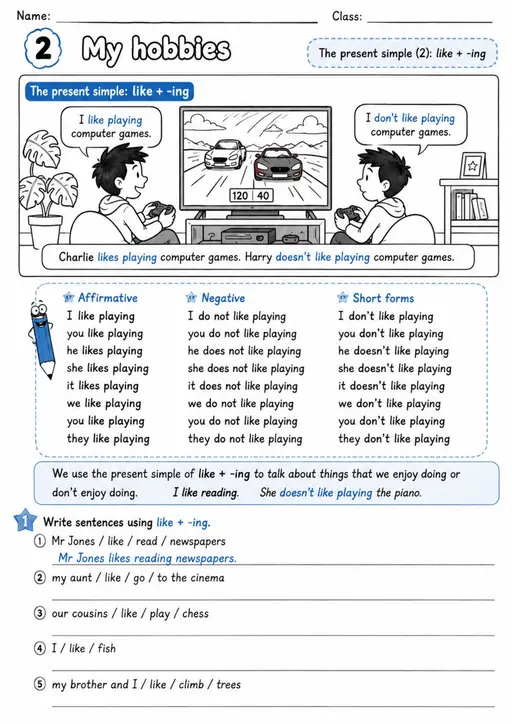 Like Plus Ing: My Hobbies 4 | Grades 3-4 Grammar Worksheet