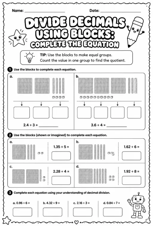 Divide decimals using blocks: complete the equation