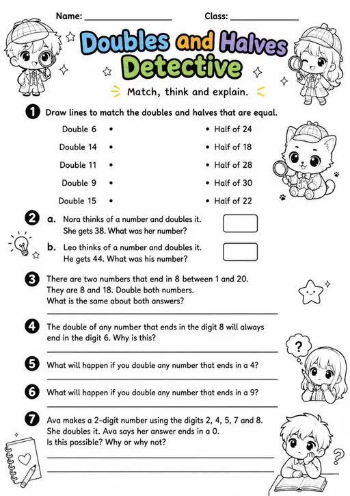 Doubles and Halves Detective - Grade 3 Math Worksheet