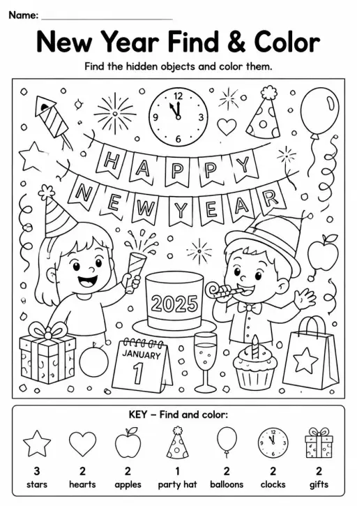 New Year Find & Color — Grade 1