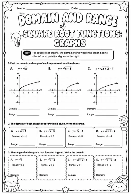Domain and range of square root functions: graphs