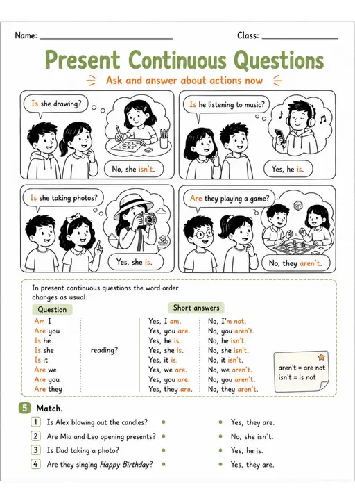 Present Continuous Questions Pack - 2 Worksheets | Grades 2-3