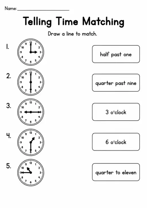 Telling Time Matching — Kindergarten