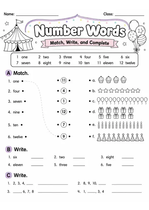 Number Words | Grade 1 Vocabulary Worksheet