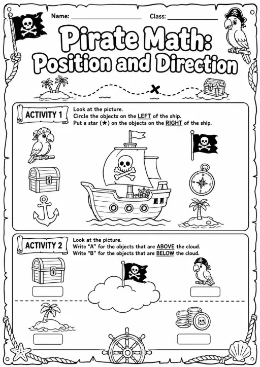 Pirate Math: Position and Direction Worksheet Pack