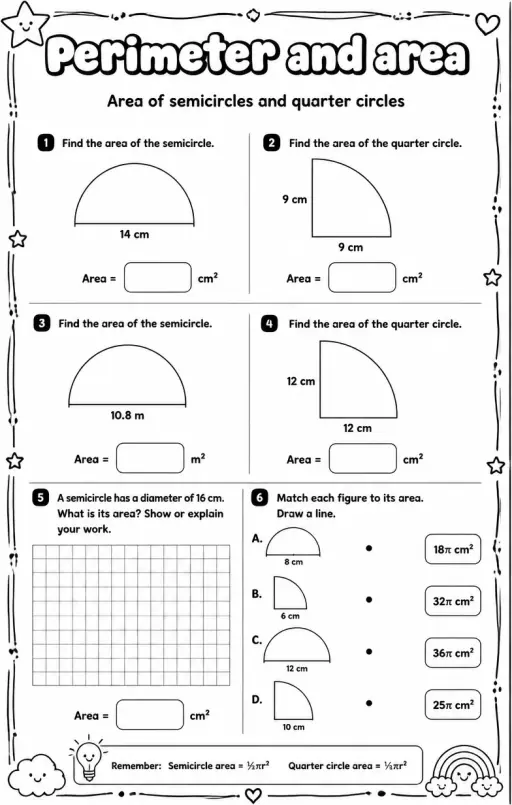 Area of semicircles and quarter circles