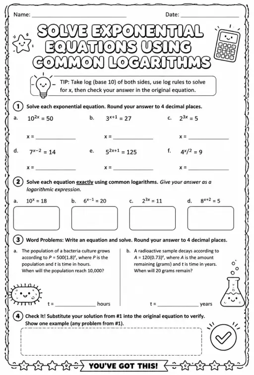 Solve exponential equations using common logarithms