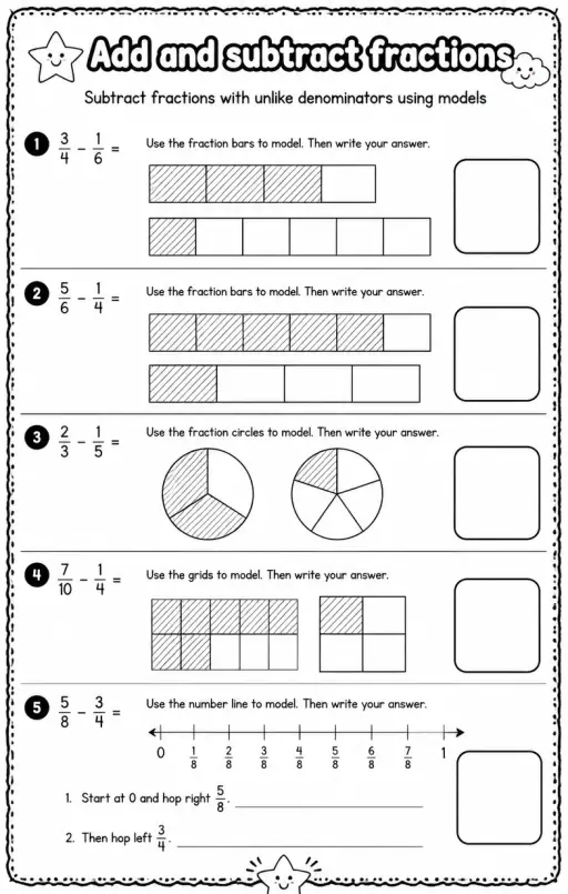 Subtract fractions with unlike denominators using models