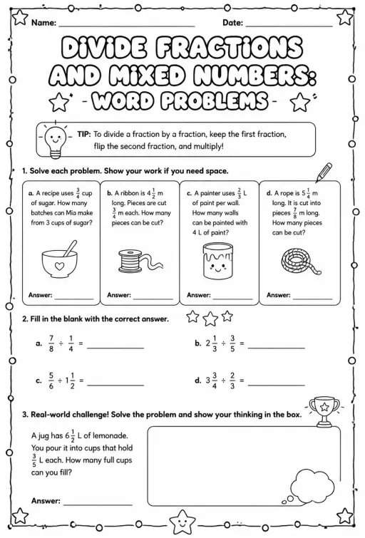 Divide fractions and mixed numbers: word problems