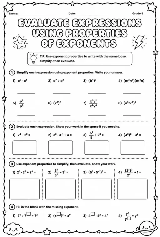 Evaluate expressions using properties of exponents