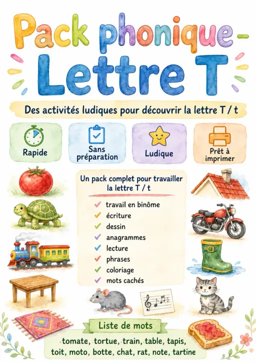 French Letter T Phonics Worksheets Pack preview