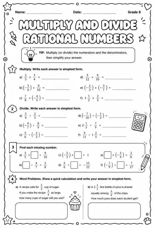 Multiply and divide rational numbers