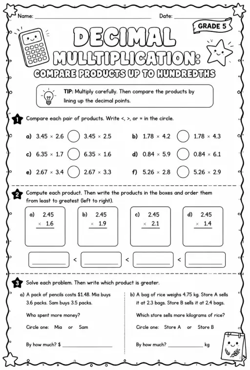 Decimal multiplication: compare products up to hundredths