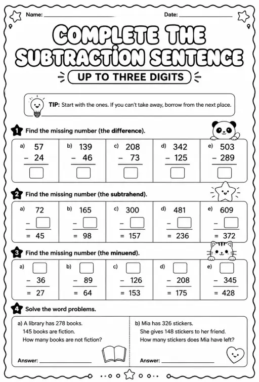 Complete the subtraction sentence: up to three digits