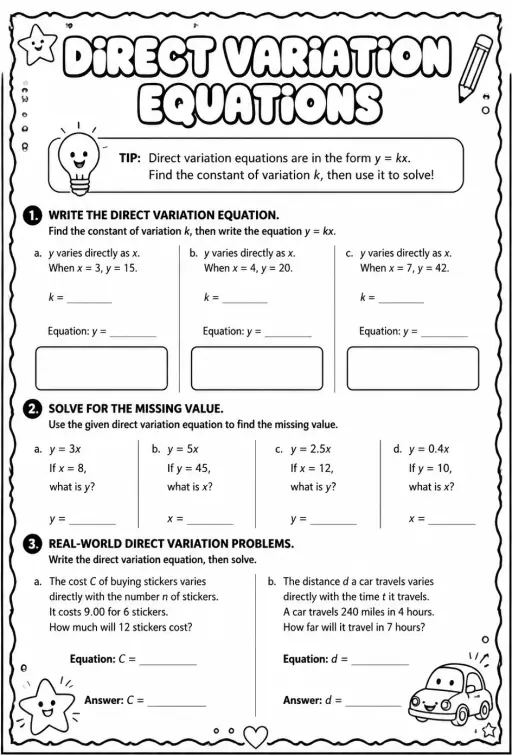 Write and solve direct variation equations