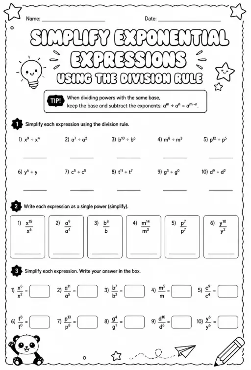 Simplify exponential expressions using the division rule