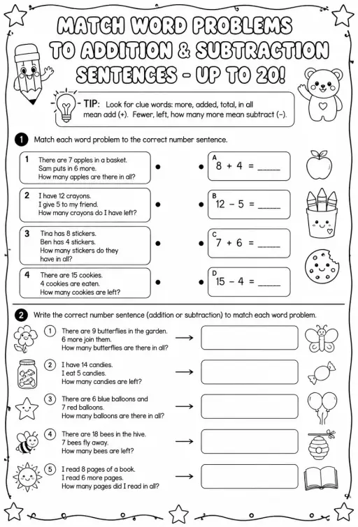 Match word problems to addition and subtraction sentences - up to 20