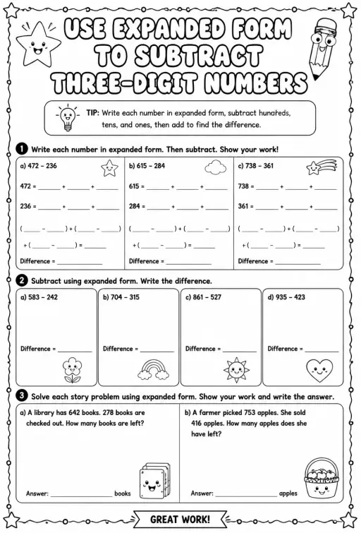 Use expanded form to subtract three-digit numbers